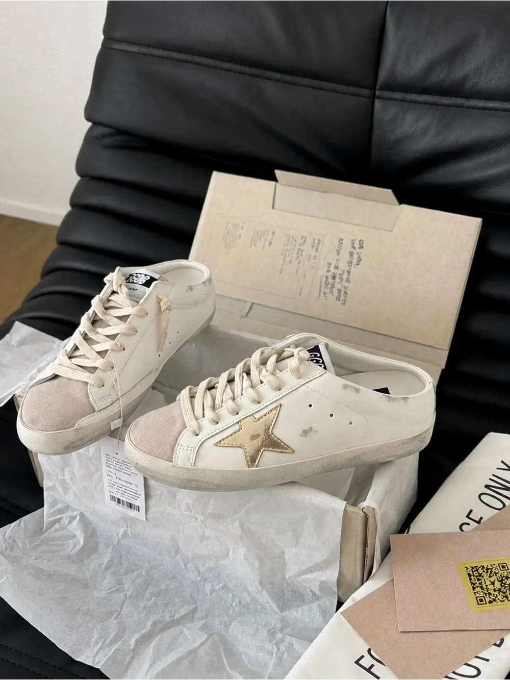 Golden Star Leather Slip-On Sneakers - Beige/Gold